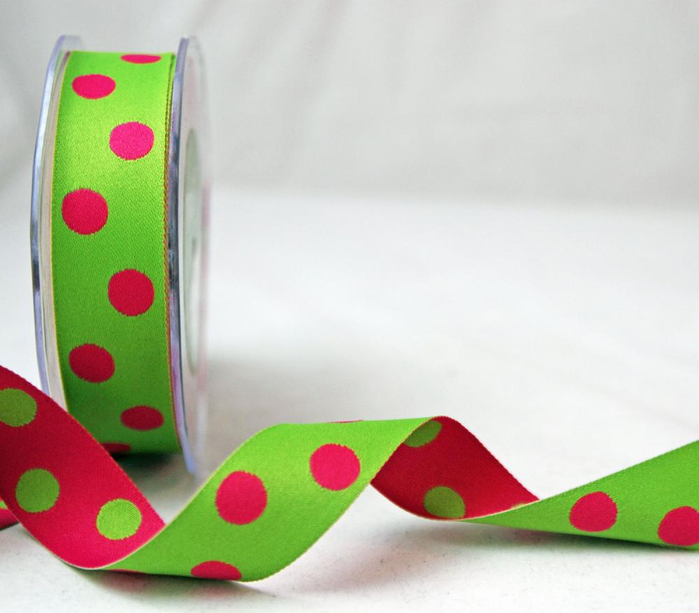 2 Mtrs X Pink And Green Reversible Dots Satin Ribbon